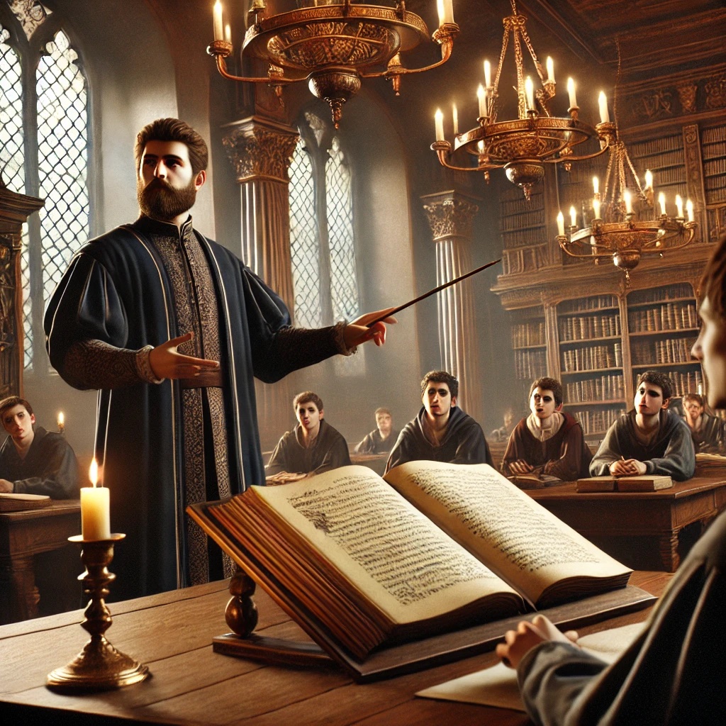 Medieval tutor instructing students.